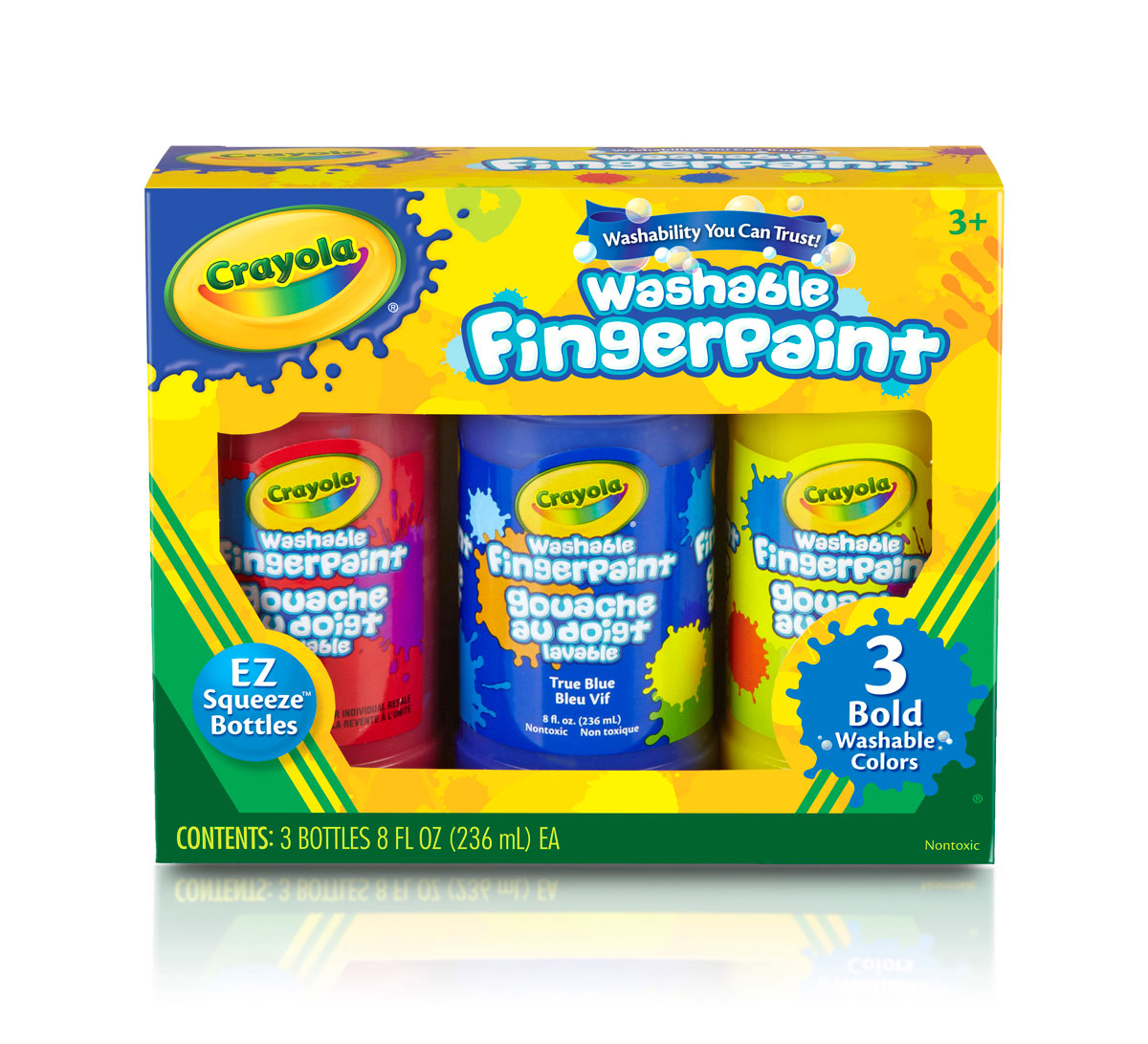 Crayola 551310 Primary Washable Bold Fingerpaint Colors, 8oz (3 Piece) ,      (1) 8 fl. oz. bottle - blue
(1) 8 fl. oz. bottle - red
(1) 8 fl. oz. bottle - yellow