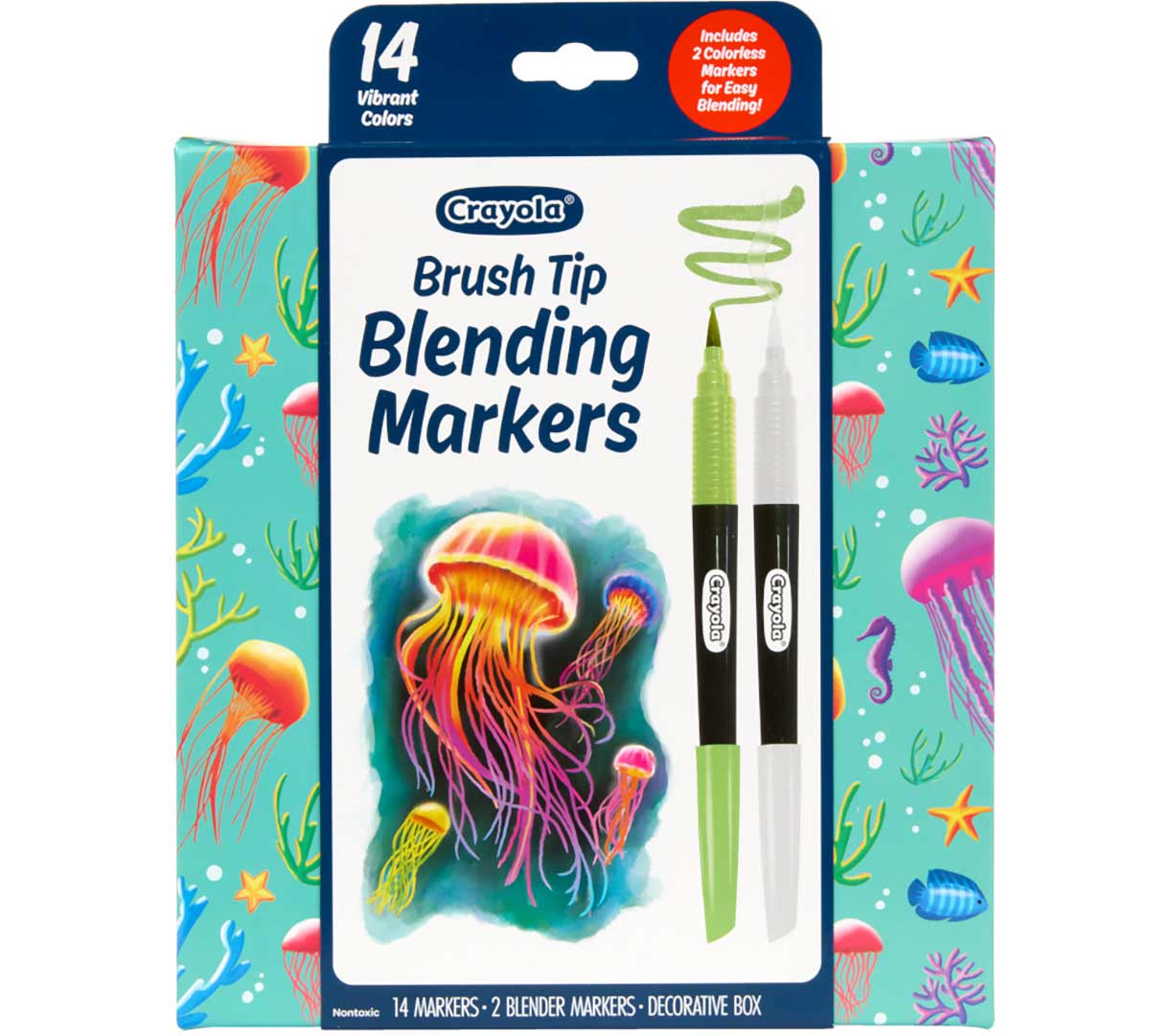 Includes 14 vibrant markers + 2 colorless blenders for creating unique textures and special effects.