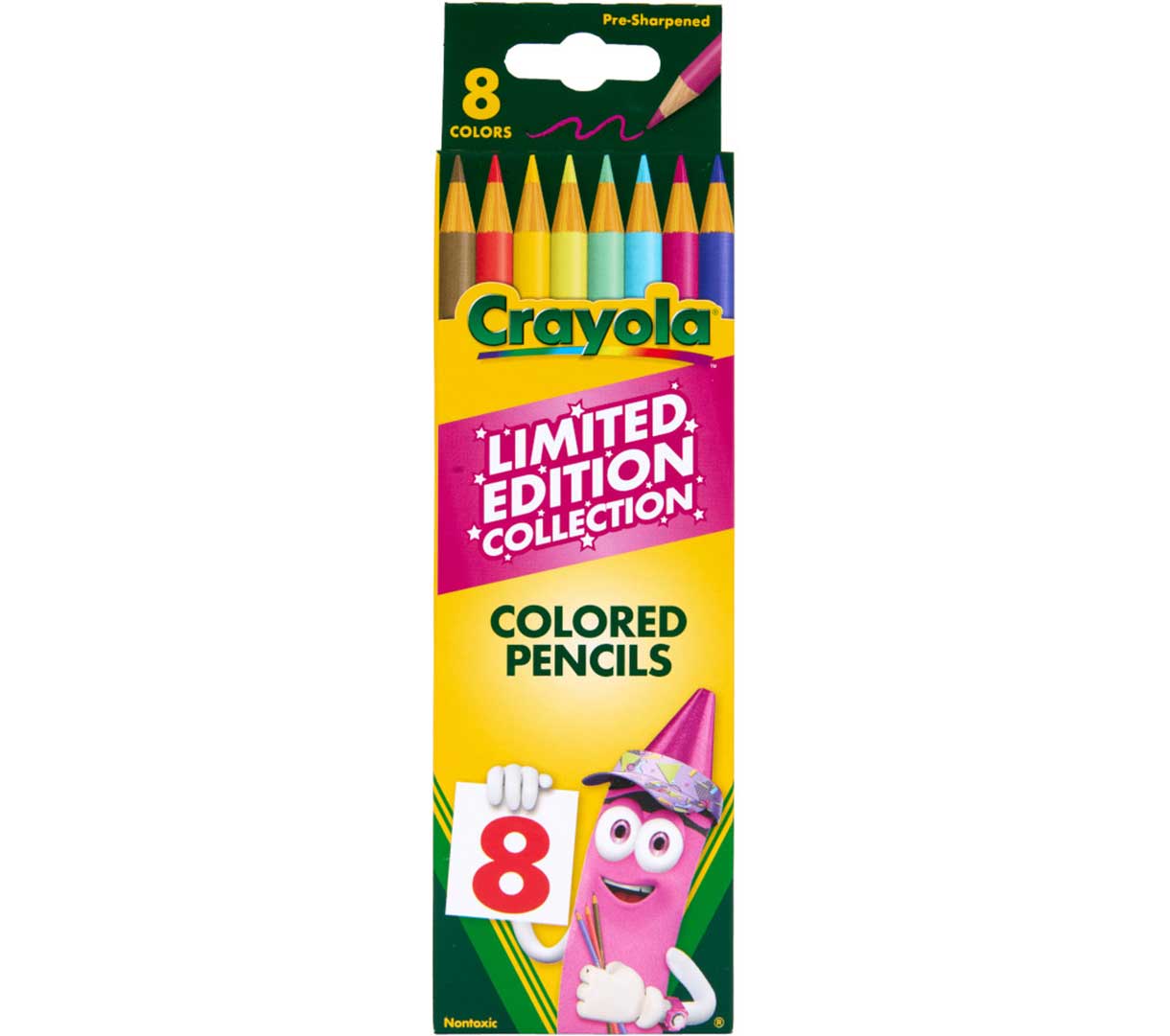 Features 8 Crayola Colored Pencils in rare, retired Crayola Colors including Dandelion, Mulberry, Blizzard Blue, Raw Umber, Lemon Yellow, Orange Red, Violet Blue, and Magic Mint.